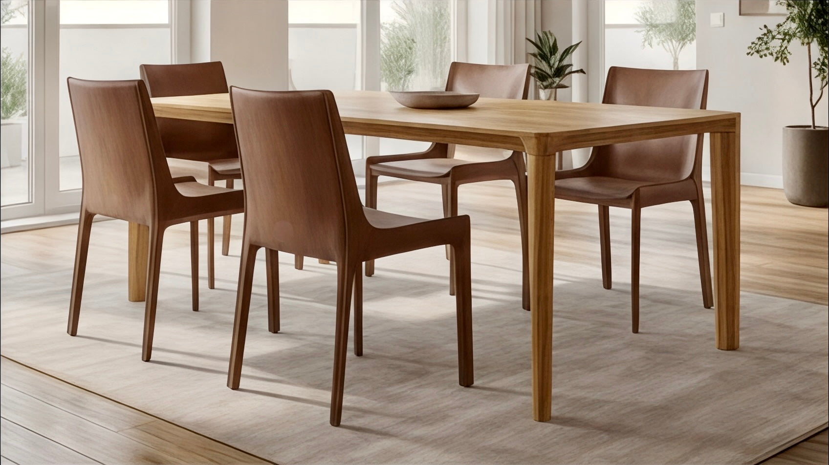 Glide teak dining tables and Tarso leather chairs