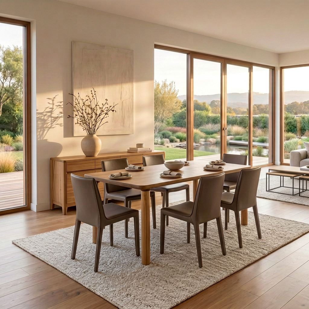 A woman enjoying a drink at a teak dining table, highlighting the elegance of solid wood designs by ReTeka.