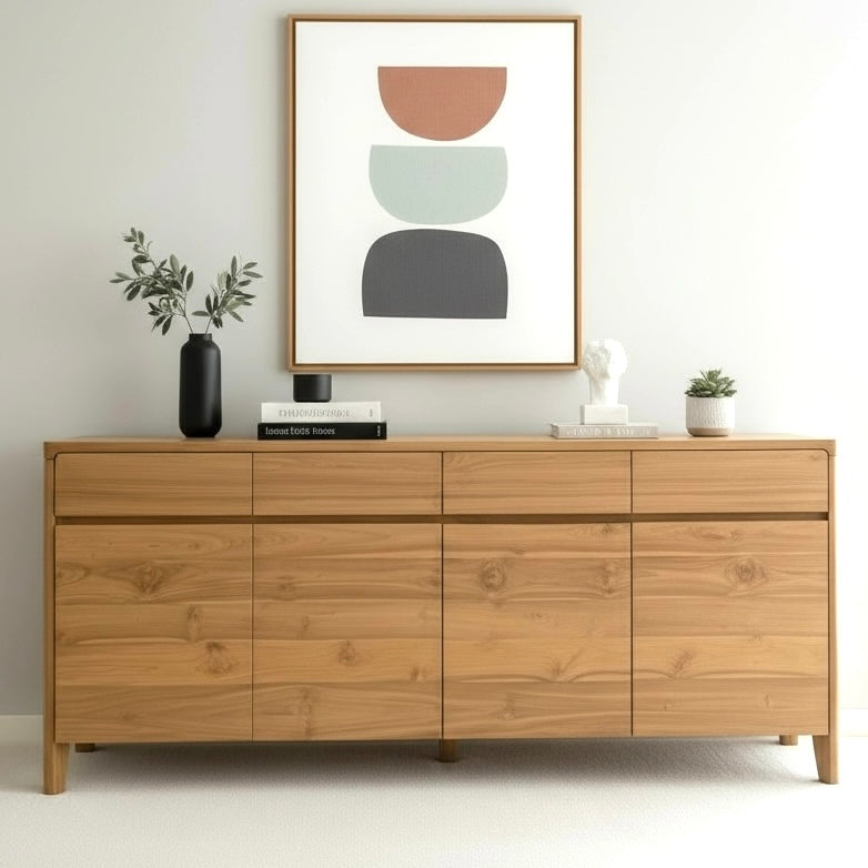 Teak buffets and sideboards by ReTeka featuring a modern design and natural wood finish in an elegant living room setting.