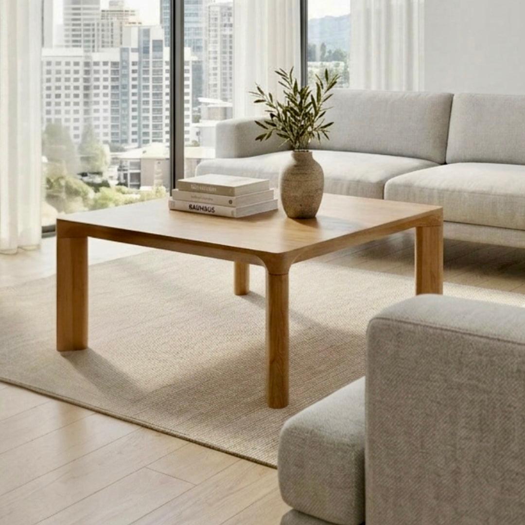 Modern living room with a wooden coffee table, books, and a vase with plants.
Details