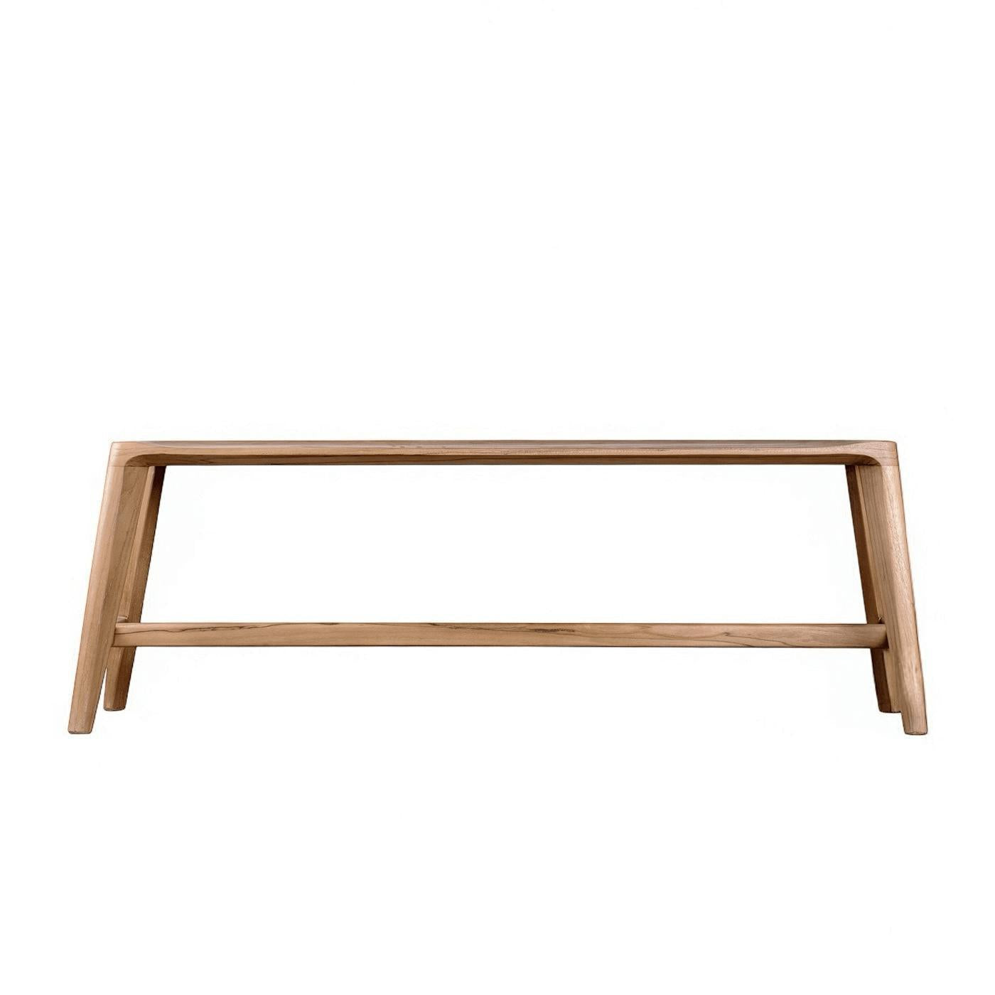 Sustainable Glide Dining Bench crafted from recycled teak, showcasing distinct grain and modern design.