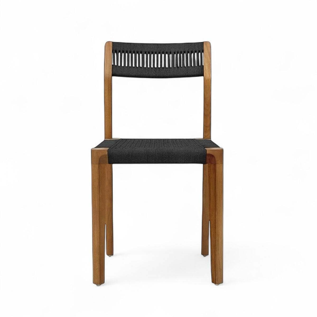 Teak dining chair with black loom front view