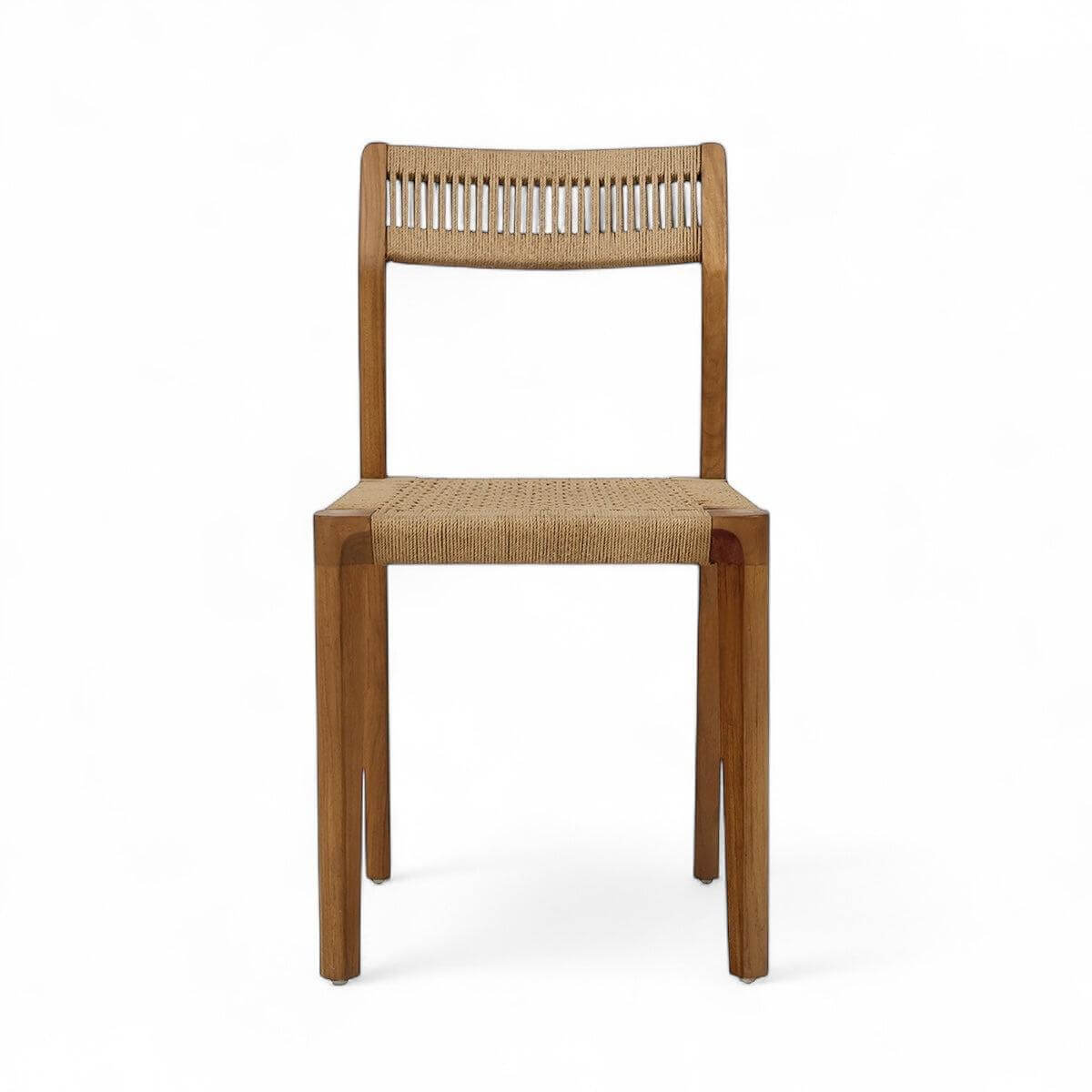 Teak dining chair with natural loom, featuring handwoven seat and backrest, eco-friendly design.