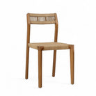 Teak dining chair with handwoven natural loom seat and backrest, showcasing eco-friendly craftsmanship.