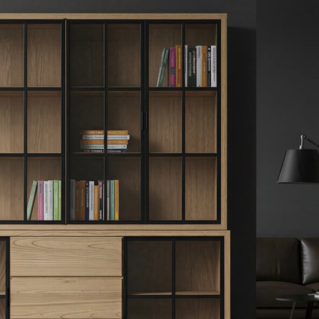 JIWA solid teak buffet and hutch with books against a dark wall
