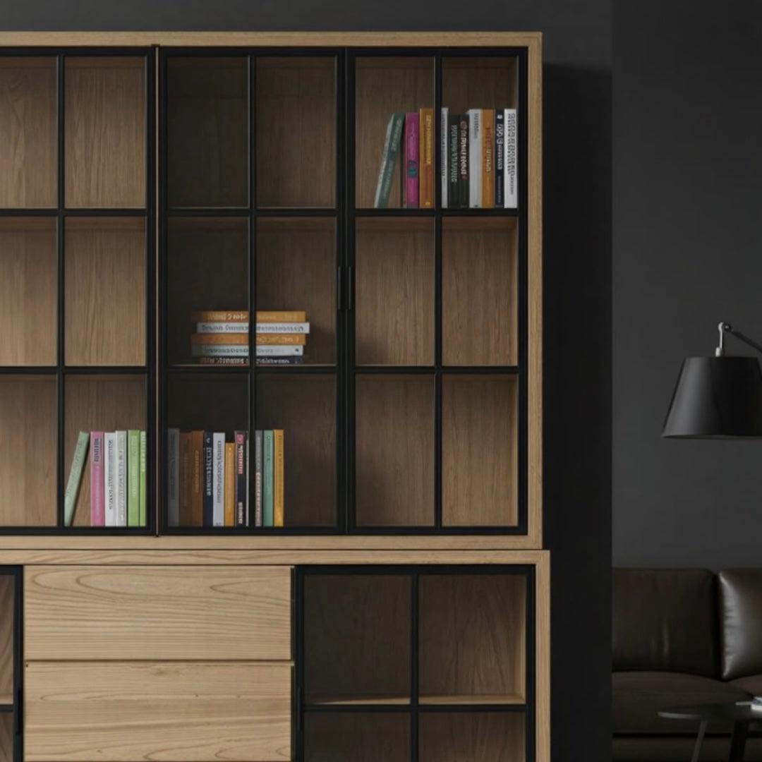 JIWA solid teak buffet and hutch with books against a dark wall
