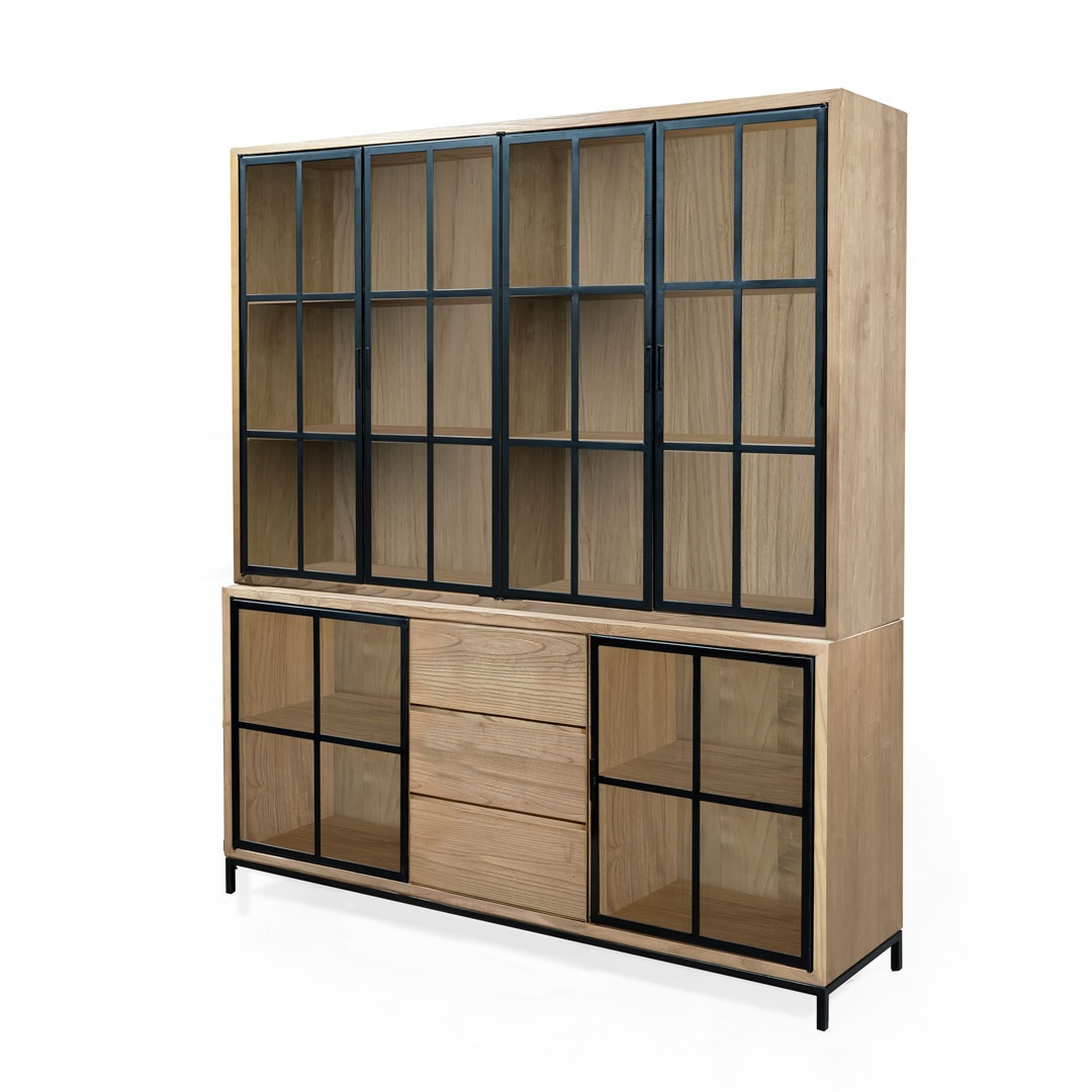 Buffet & Hutch 3 Drawers 6 Glass Doors  Recycled Teak | Jiwa
