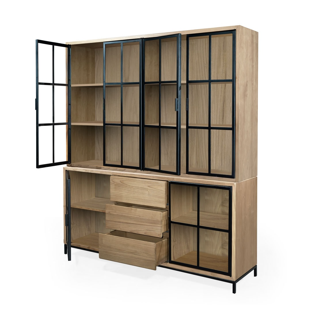 Buffet & Hutch 3 Drawers 6 Glass Doors  Recycled Teak | Jiwa