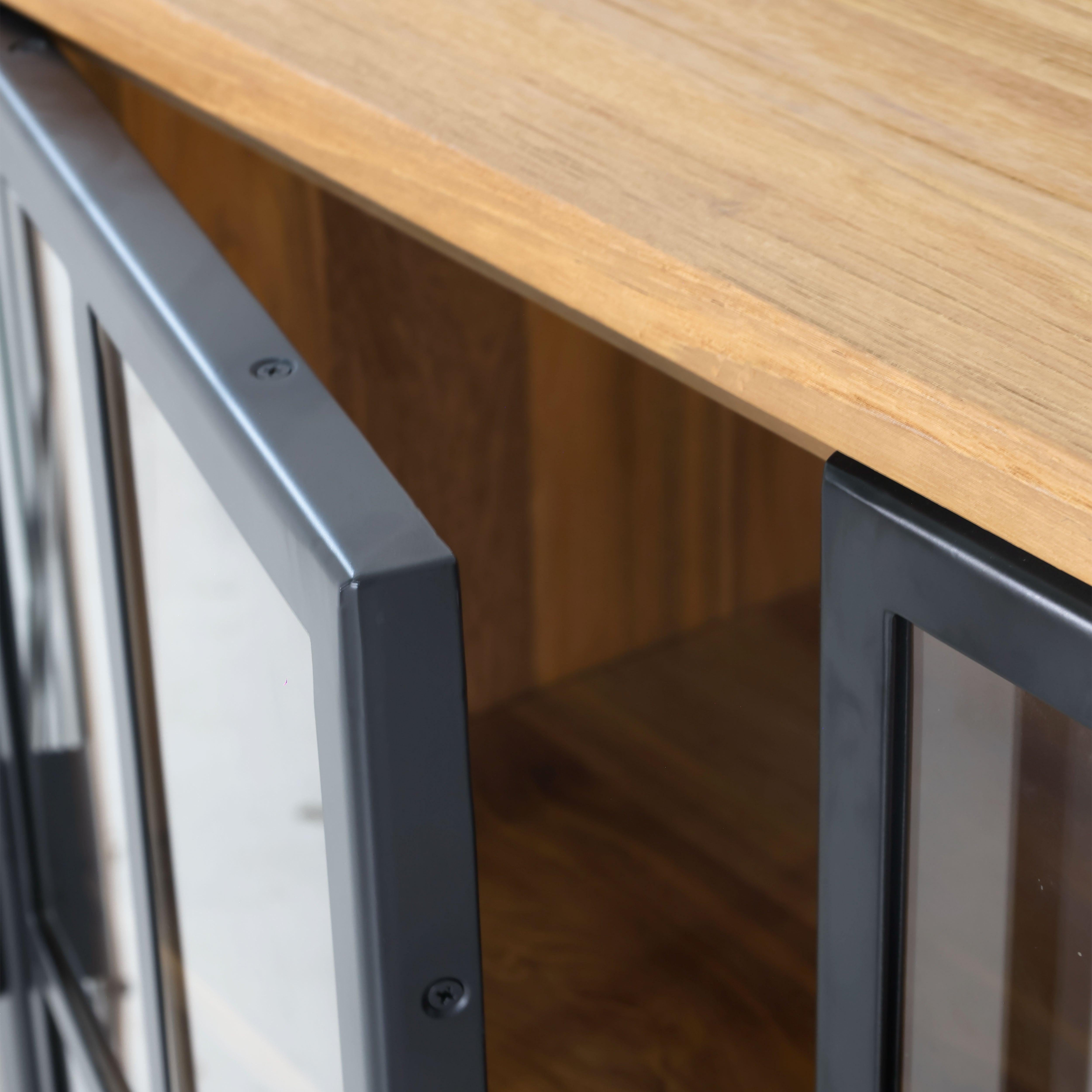 Close-up of buffet sideboard with 3 glass doors and recycled teak wood top.