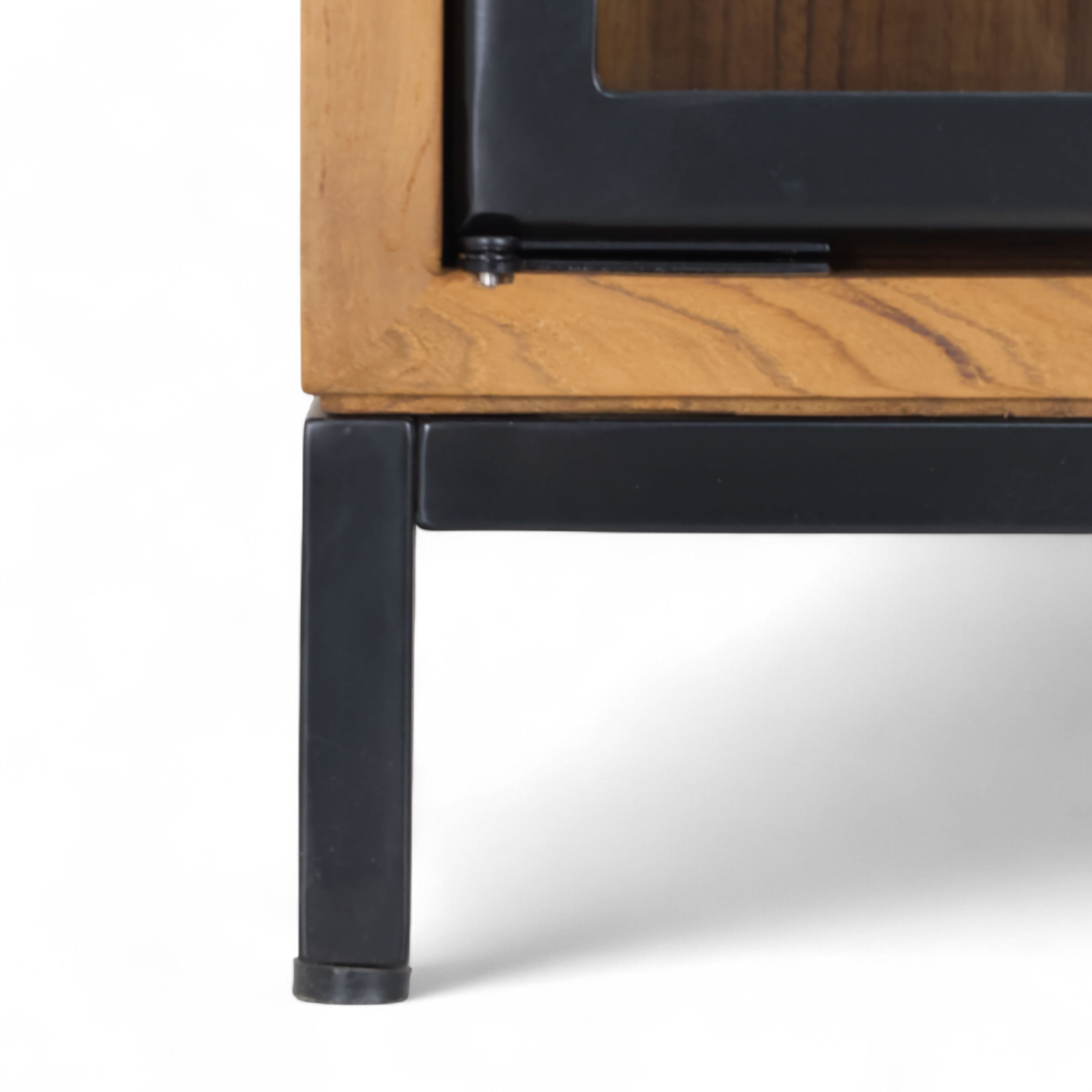 Buffet sideboard with a close-up view of its sturdy metal legs and recycled teak wood finish.