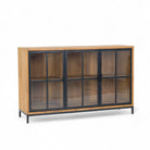 Buffet sideboard with 3 glass doors made of recycled teak, showcasing eco-friendly rustic charm.