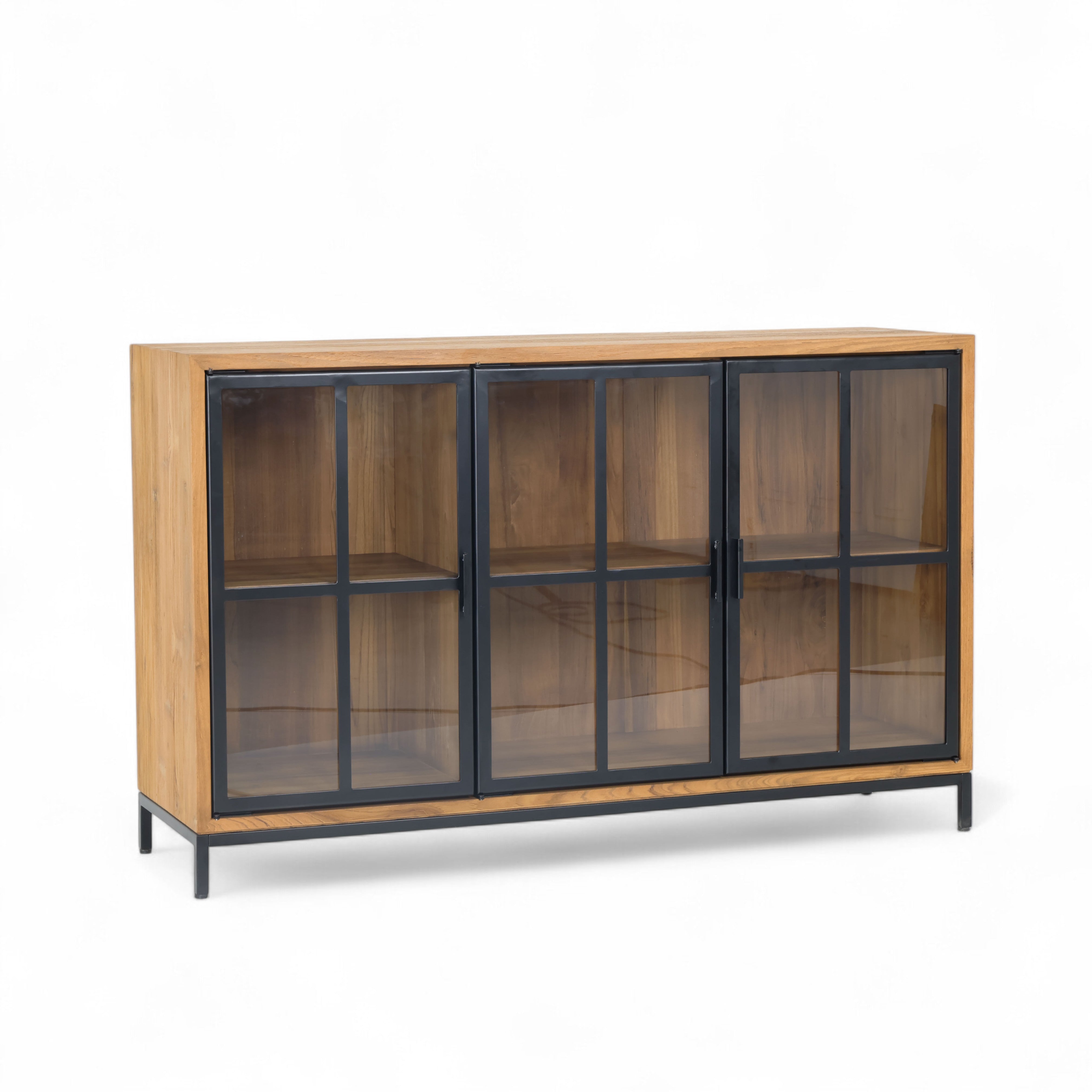 Buffet sideboard with 3 glass doors made of recycled teak, showcasing eco-friendly rustic charm.