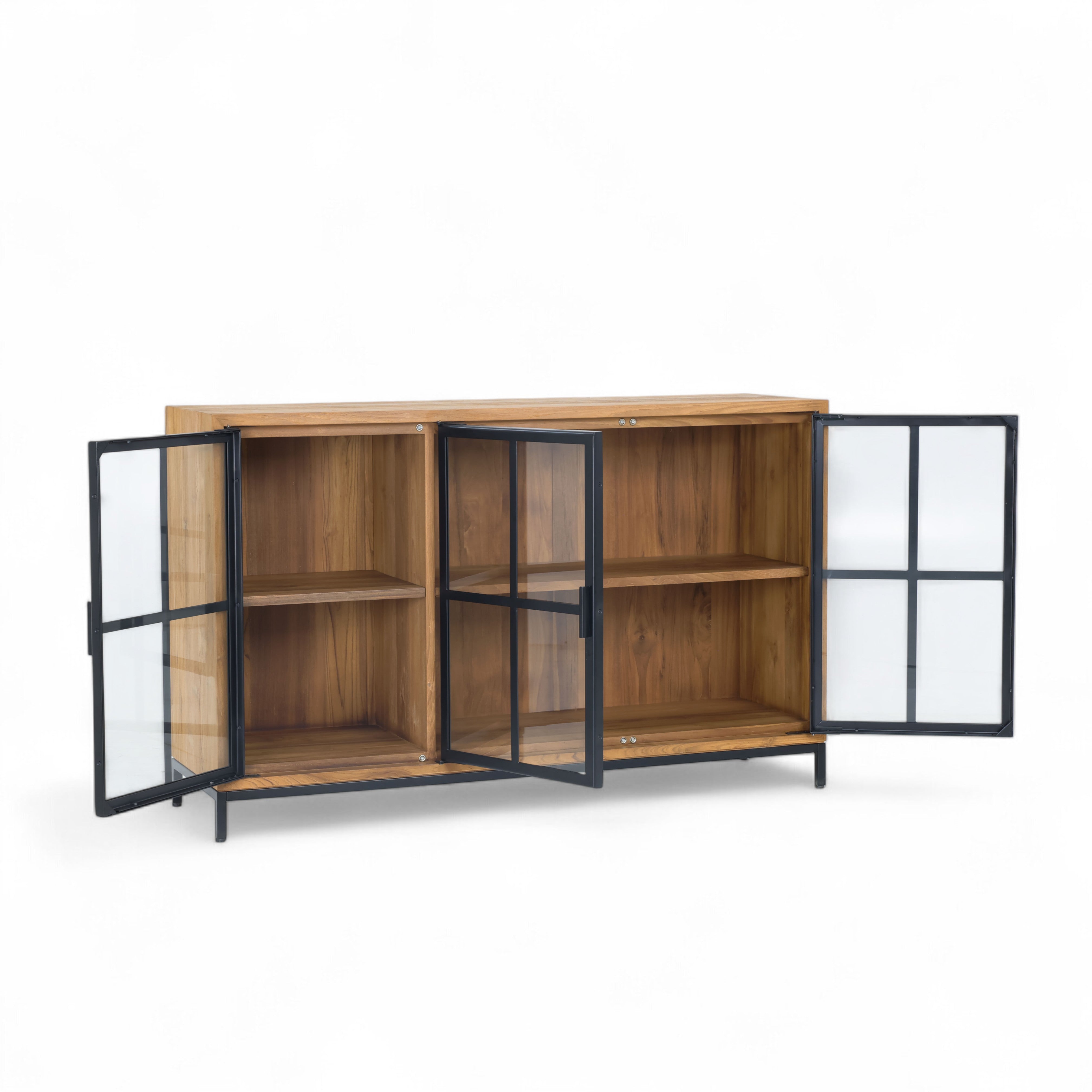 Jiwa buffet sideboard with 3 glass doors made of recycled teak, showcasing stylish eco-friendly design and storage.