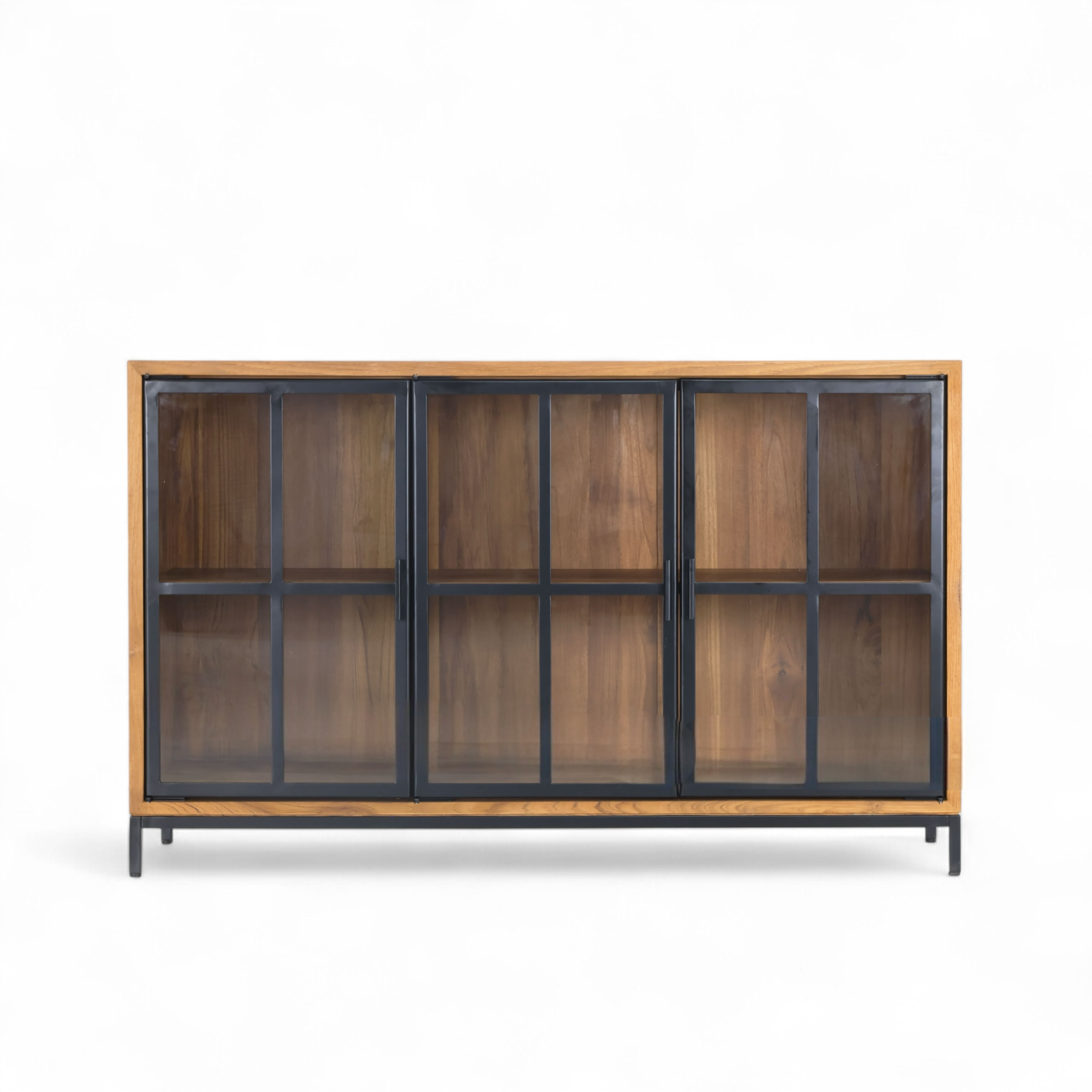Elegant buffet sideboard with 3 glass doors, made from recycled teak, showcasing eco-friendly design.