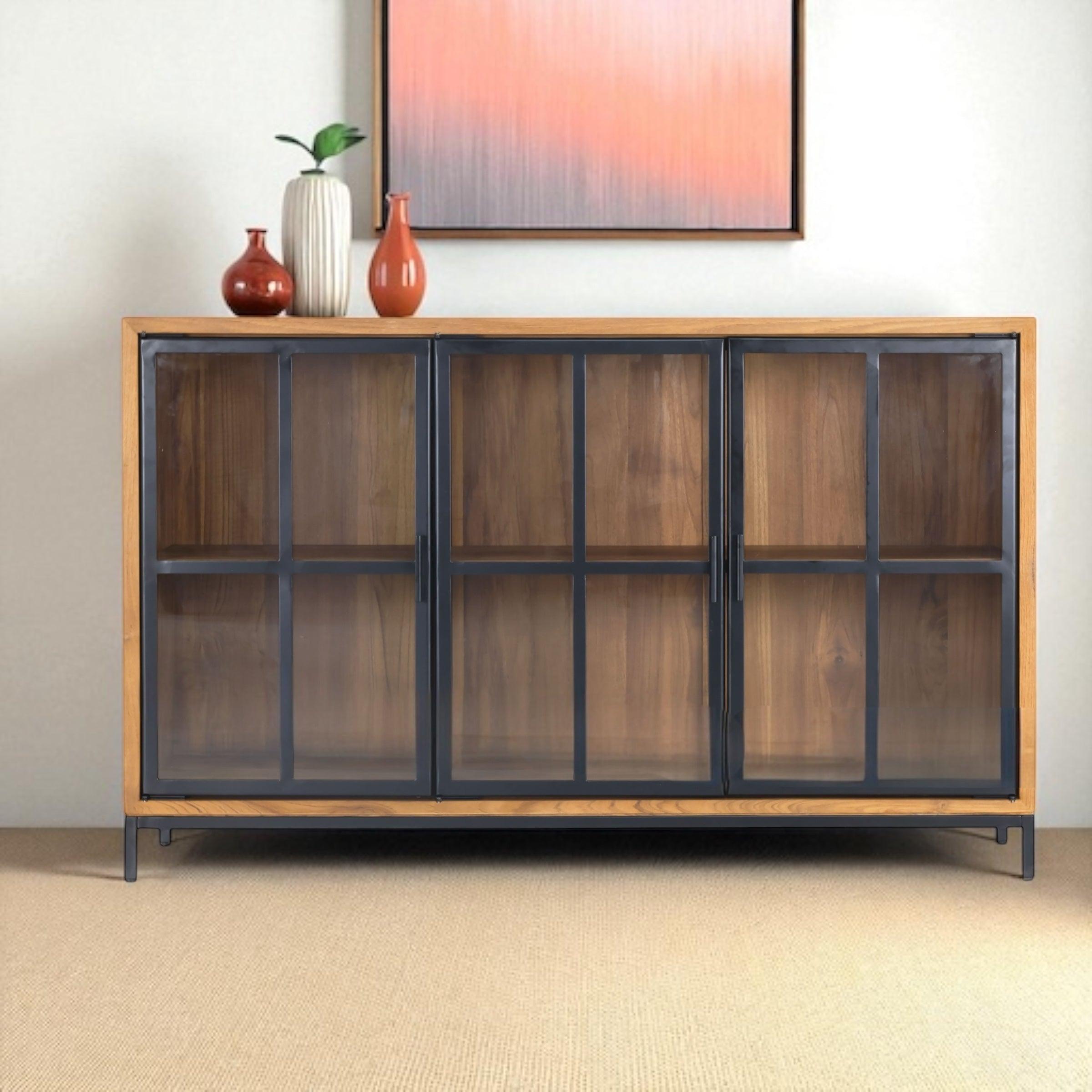 Stylish buffet sideboard with 3 glass doors made from recycled teak, perfect for displaying items.