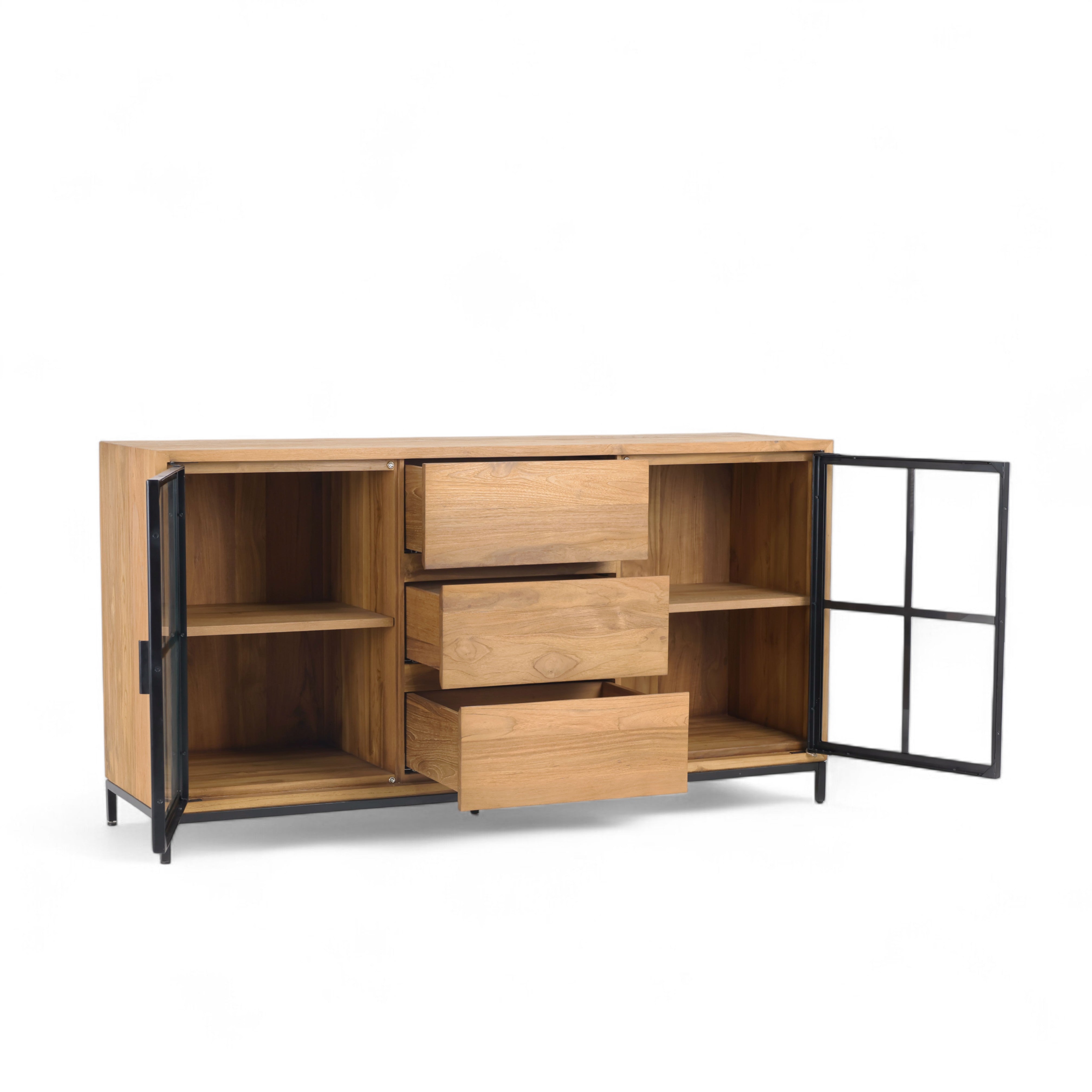 Buffet Sideboard With 3 Drawers and 2 Glass Doors Recycled Teak | Jiwa