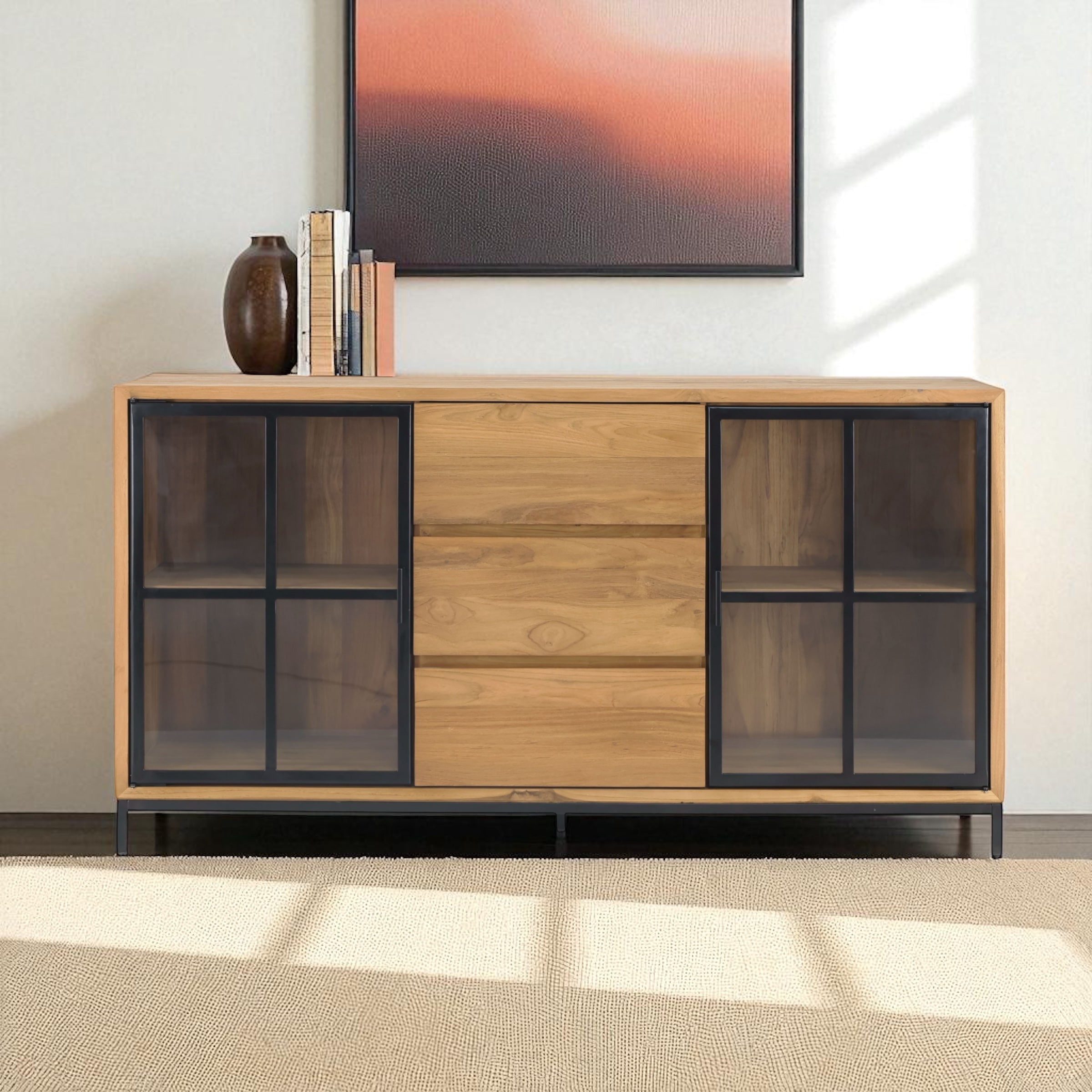 Buffet Sideboard With 3 Drawers and 2 Glass Doors Recycled Teak | Jiwa