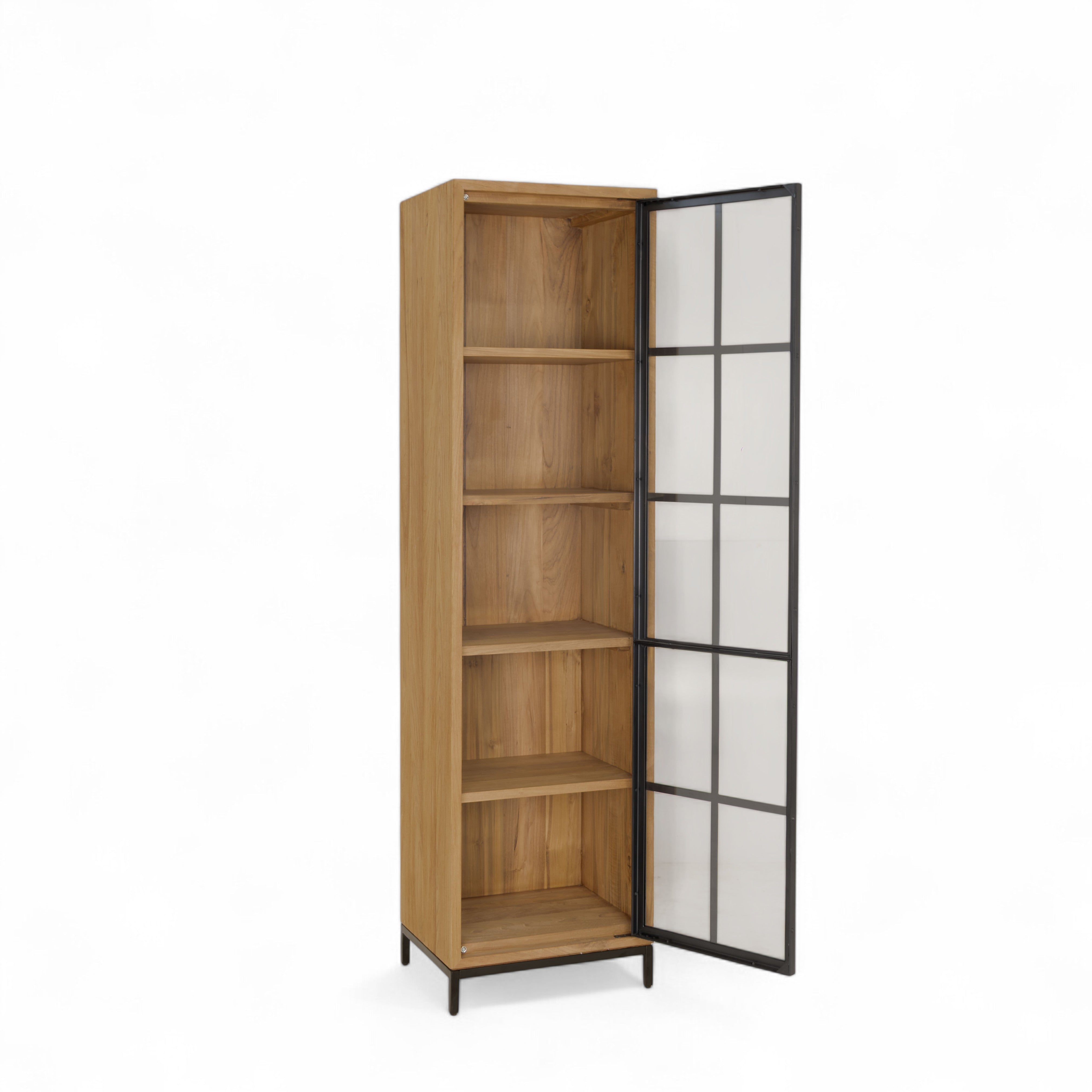 Jiwa tall teak wooden single door display cabinet with glass panels which is open on a white background