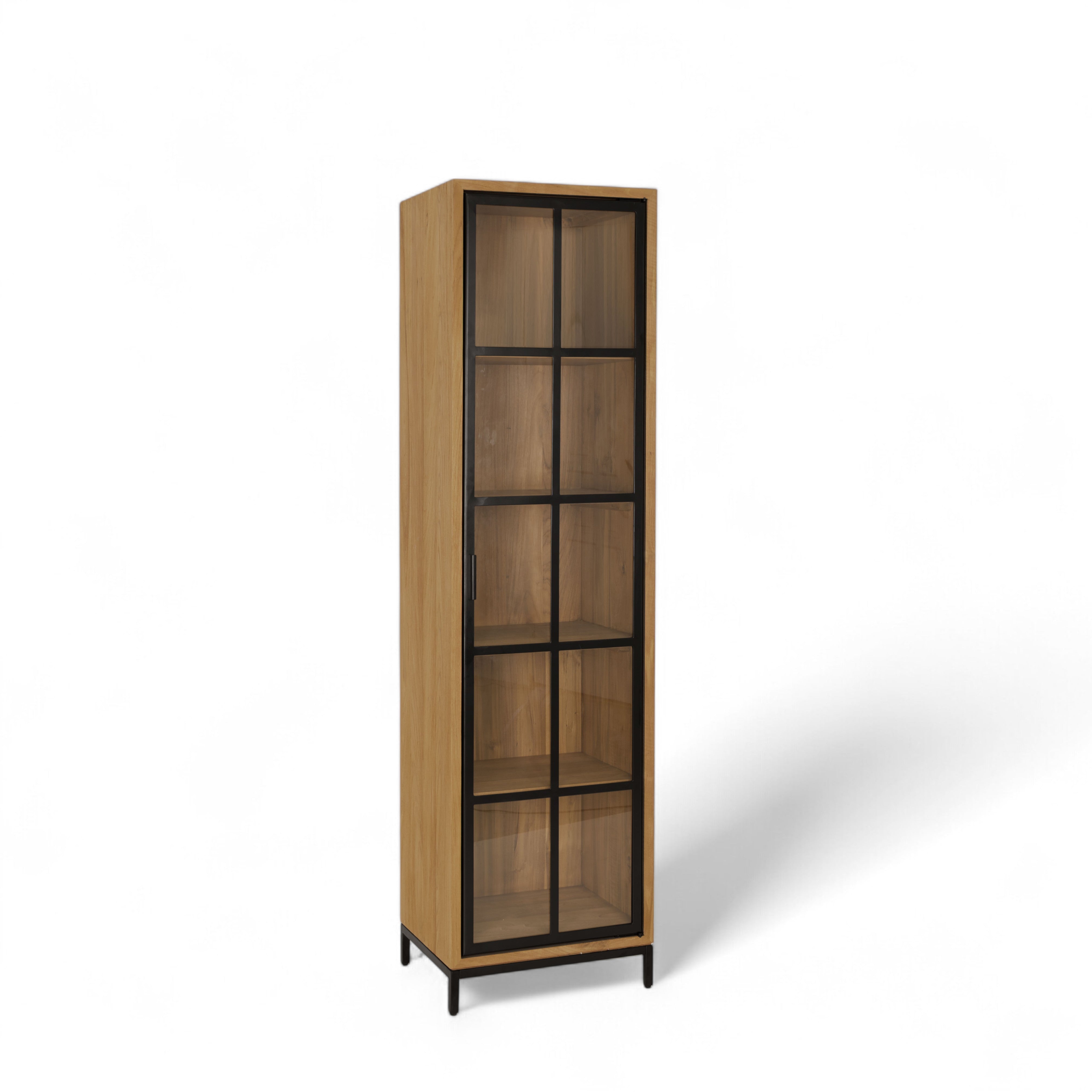 Jiwa tall teak wooden single door display cabinet with glass panels on a white background