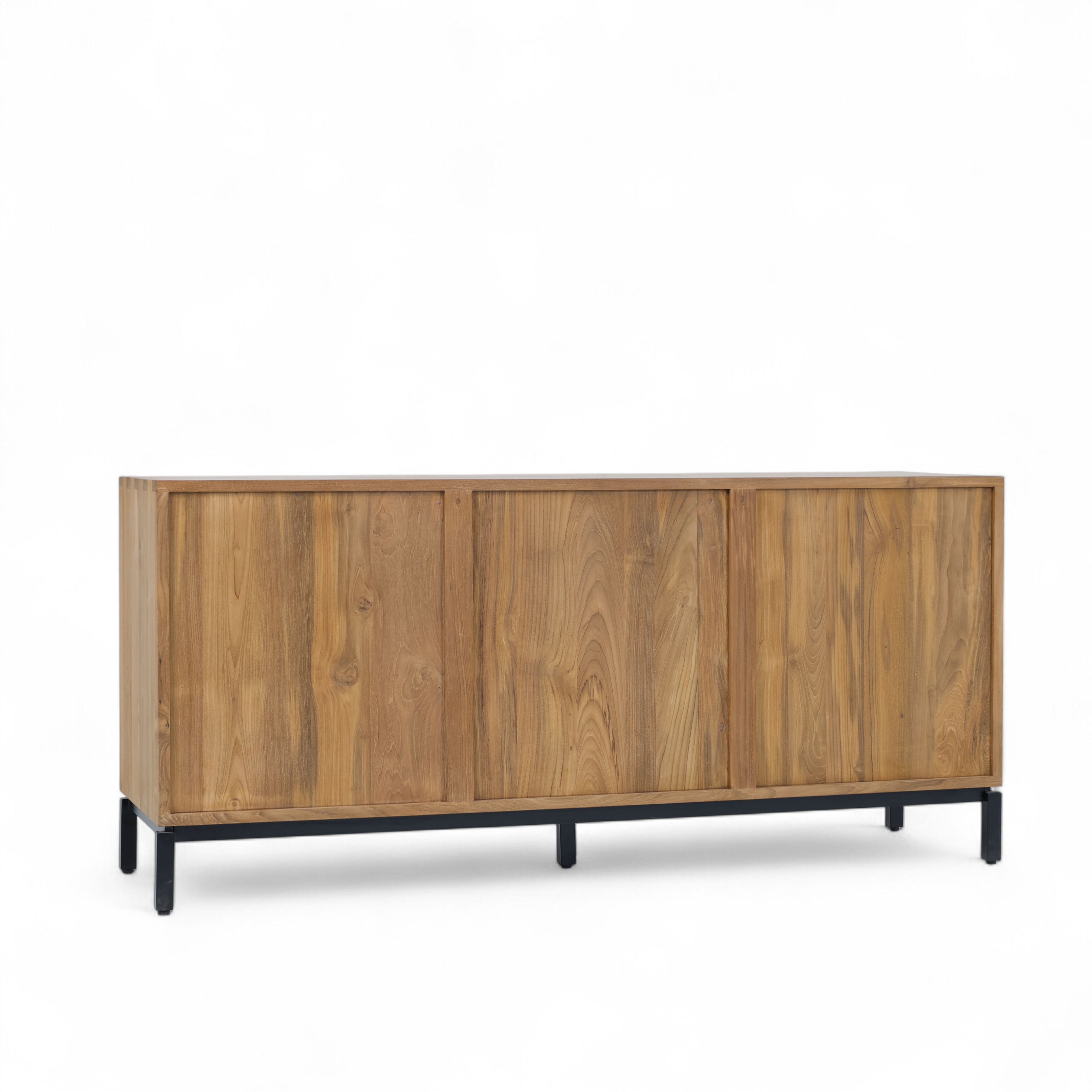 Buffet sideboard with side drawers made from recycled teak wood, featuring a sleek modern design and black metal legs.