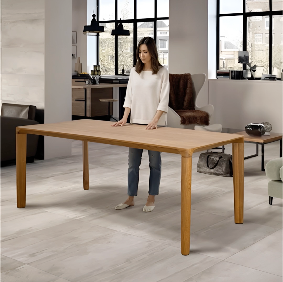 Glide reclaimed teak dining table with housewife