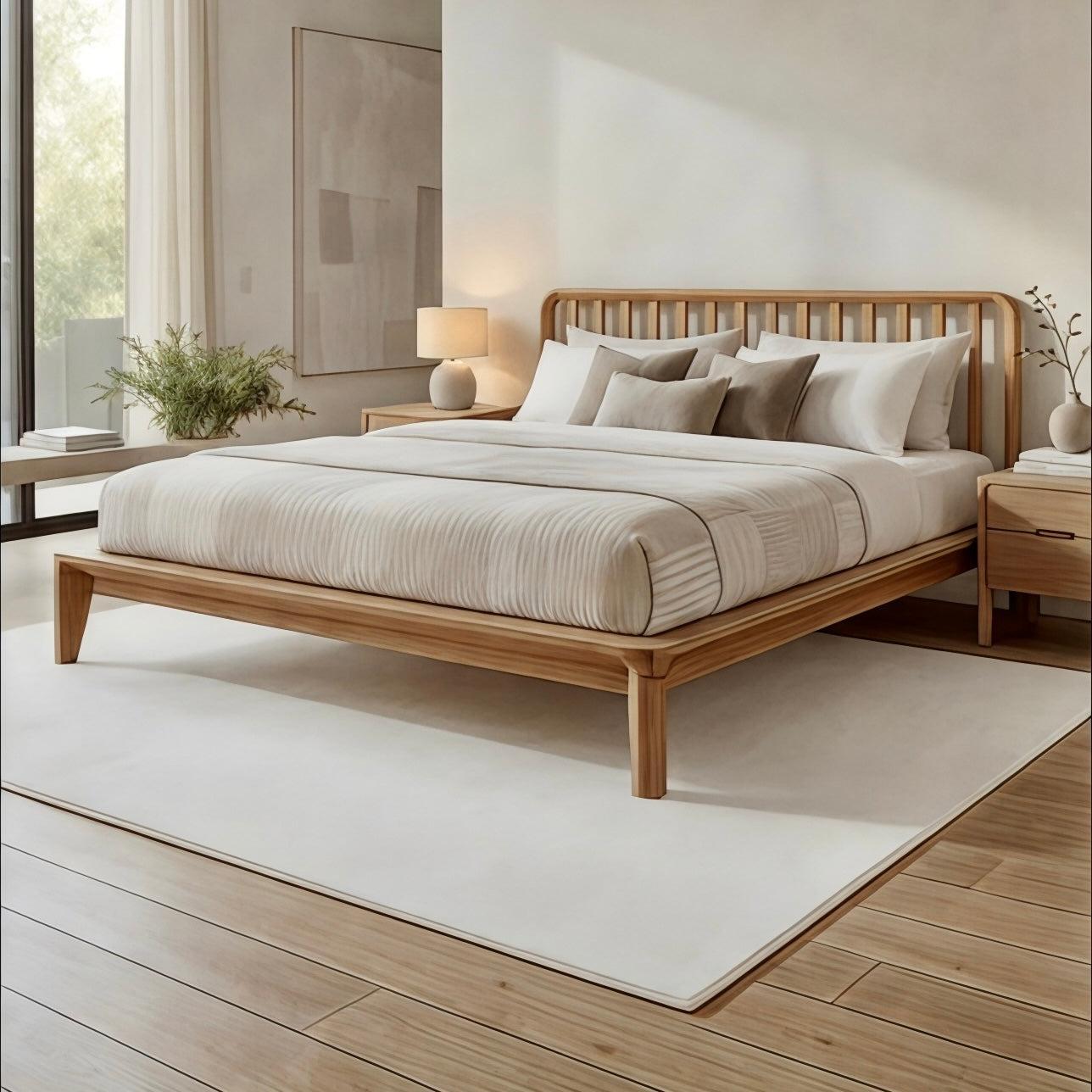 Glide Teak Bed Frame with Matching Headboard in a beautifully designed bedroom, showcasing a premium teak bed.