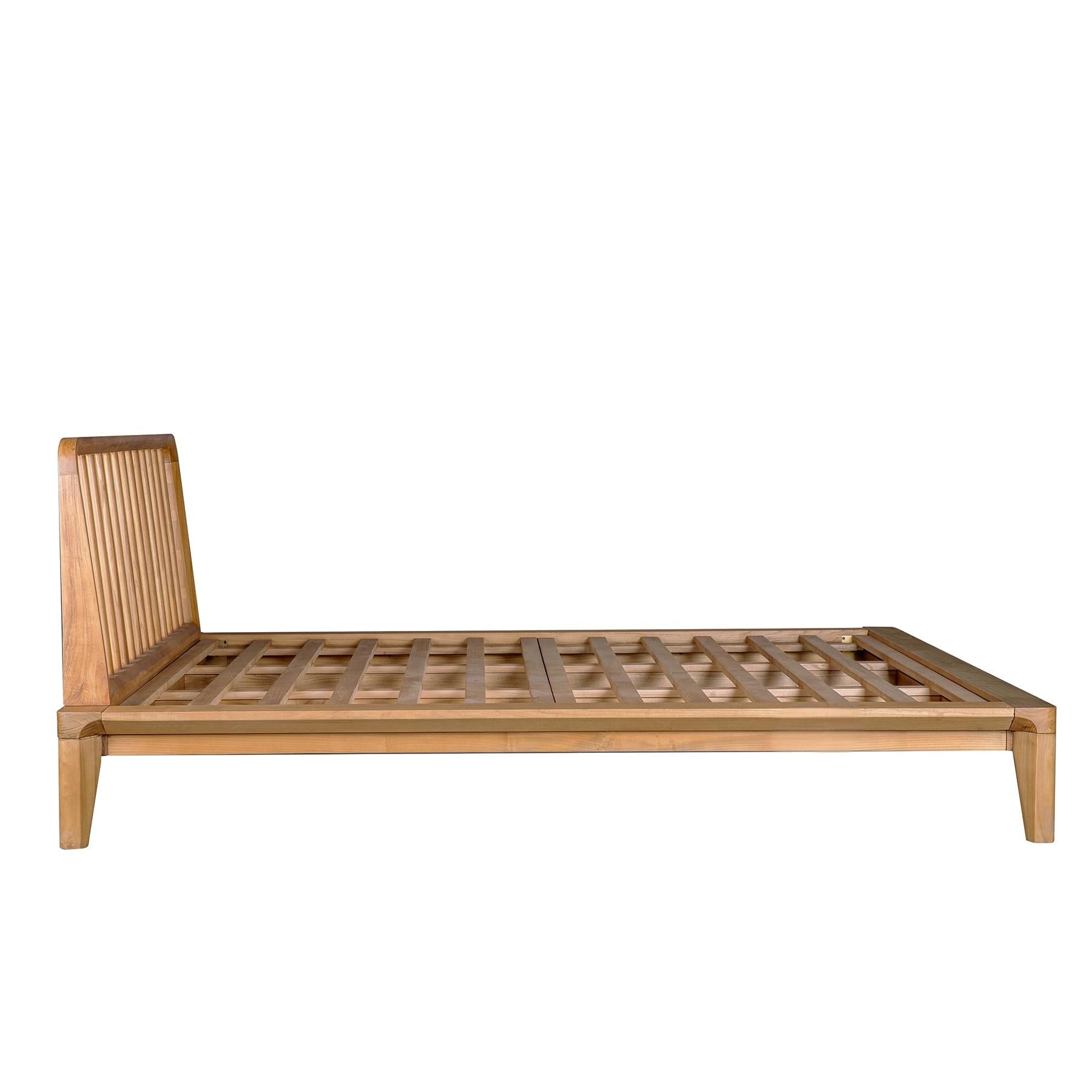 Glide teak bed frame with matching headboard showcasing natural teak finish and elegant design, side view