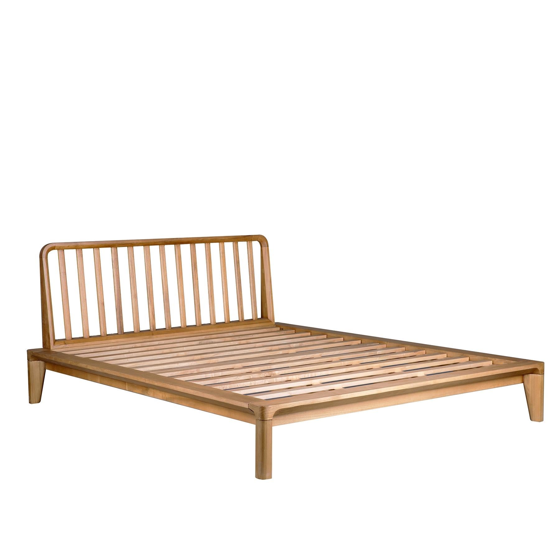 Glide teak bed frame with matching headboard showcasing natural teak finish and elegant design.
