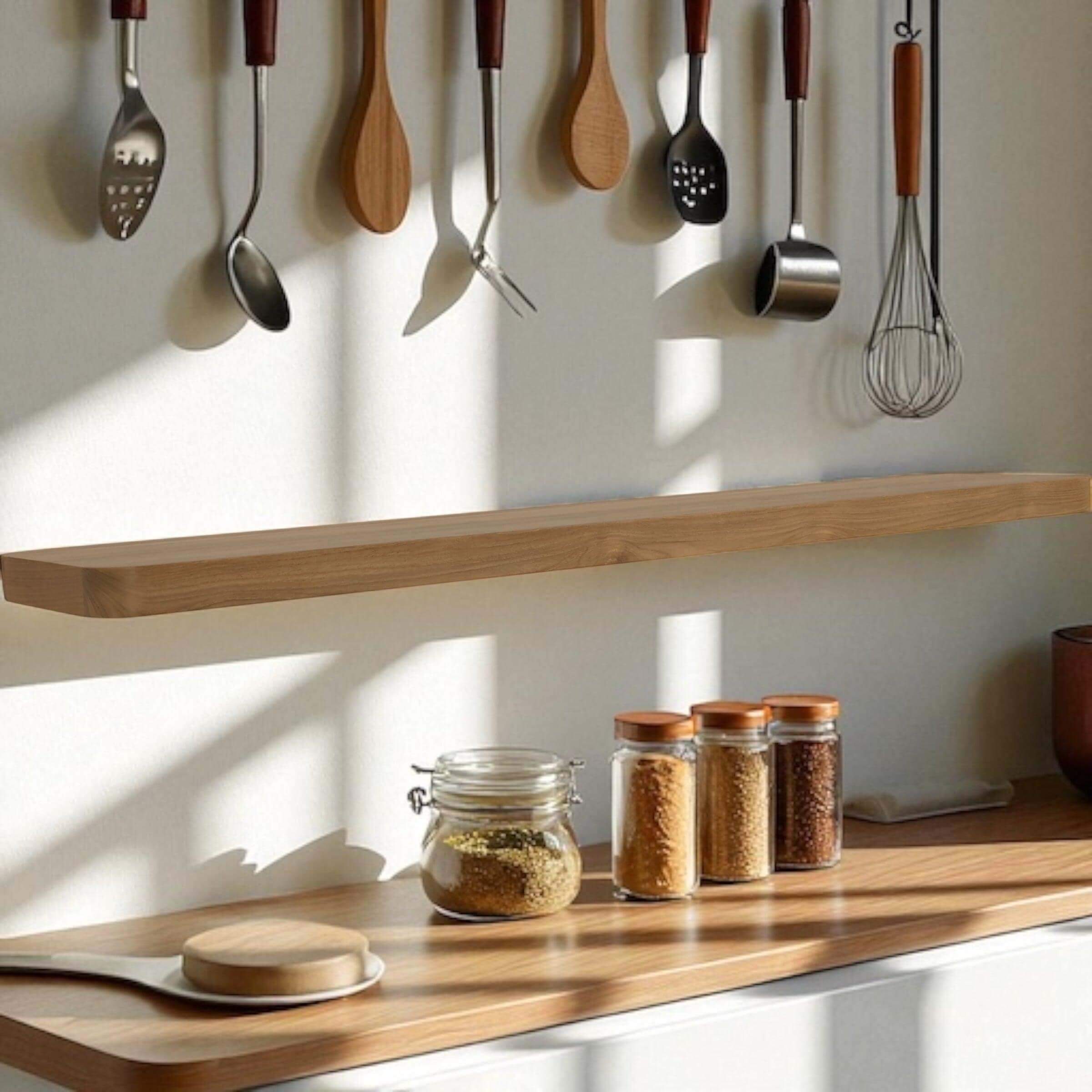 Reclaimed teak floating wall shelf showcasing a minimalist kitchen setup with hanging utensils and spice jars.