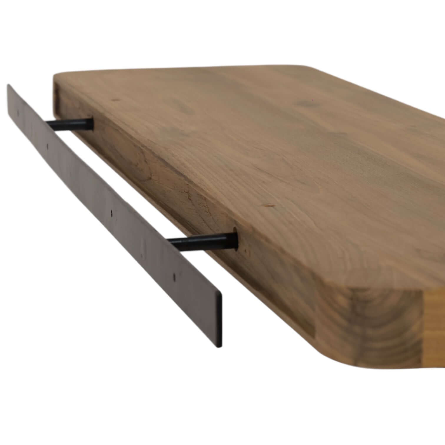 Reclaimed teak floating wall shelf with metal bracket for secure wall mounting, showcasing eco-friendly materials and stylish design.