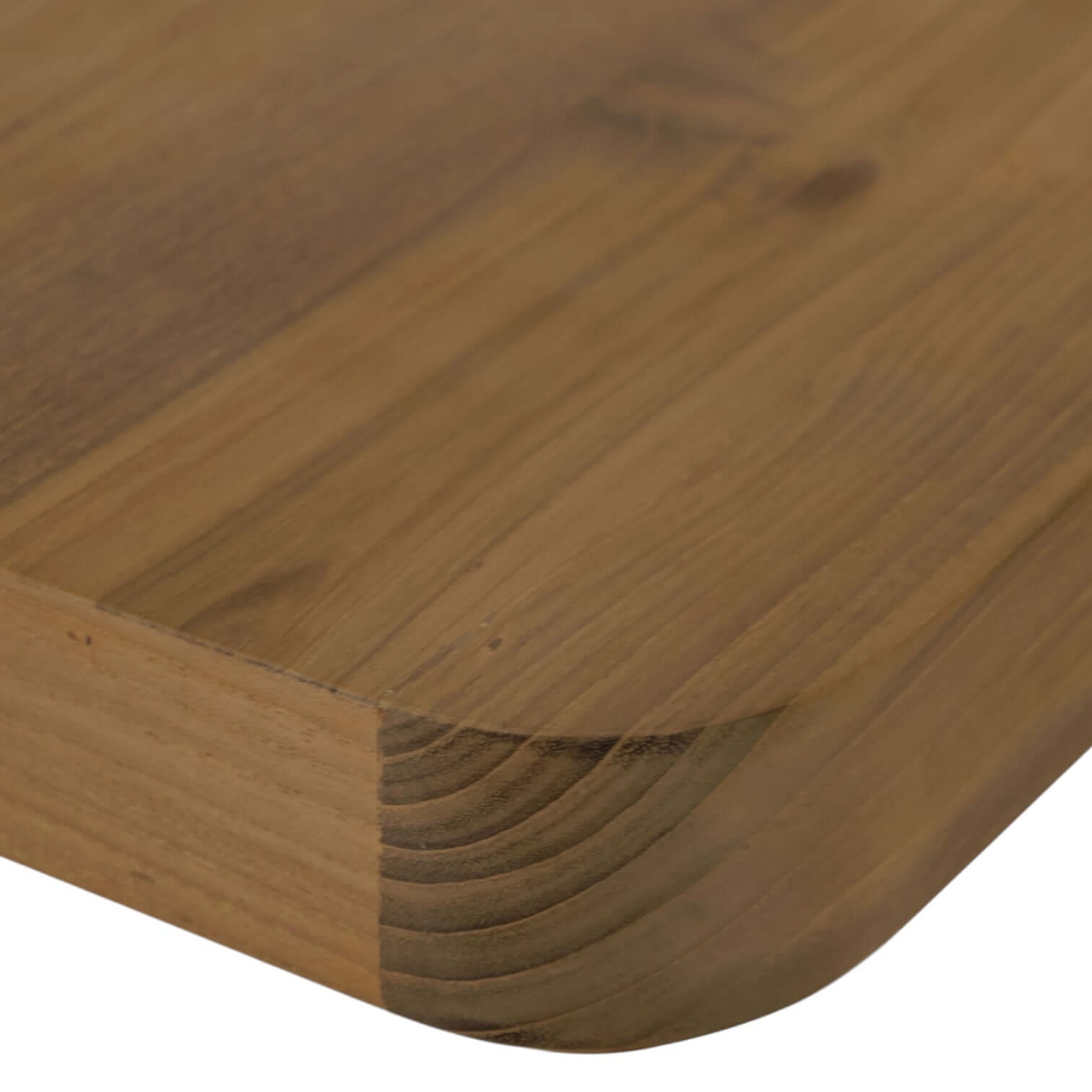 Close-up of the edge of a reclaimed teak floating wall shelf, showcasing its smooth finish and natural wood grain.