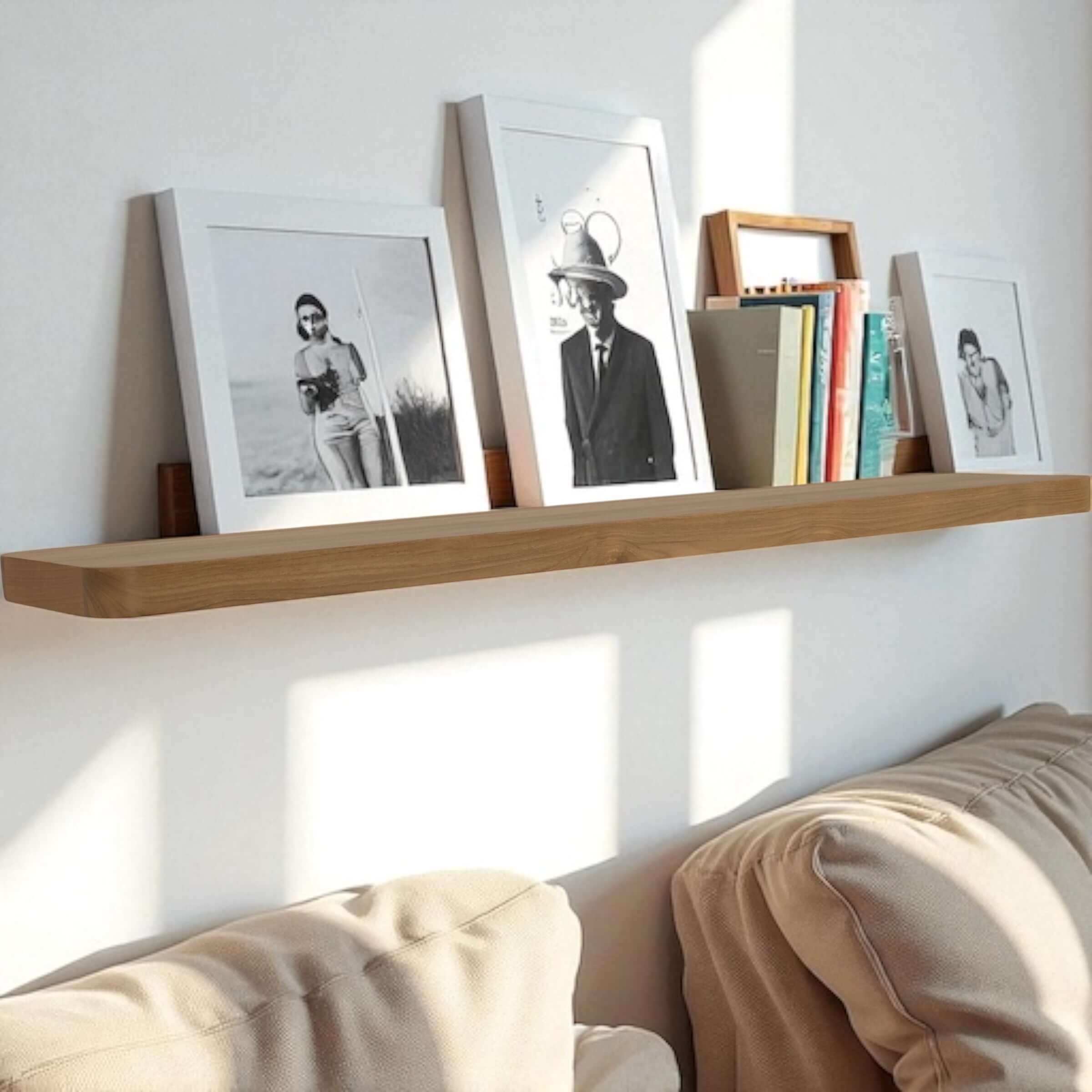 Reclaimed teak floating wall shelf displaying framed photos and books in a cozy living room setting.