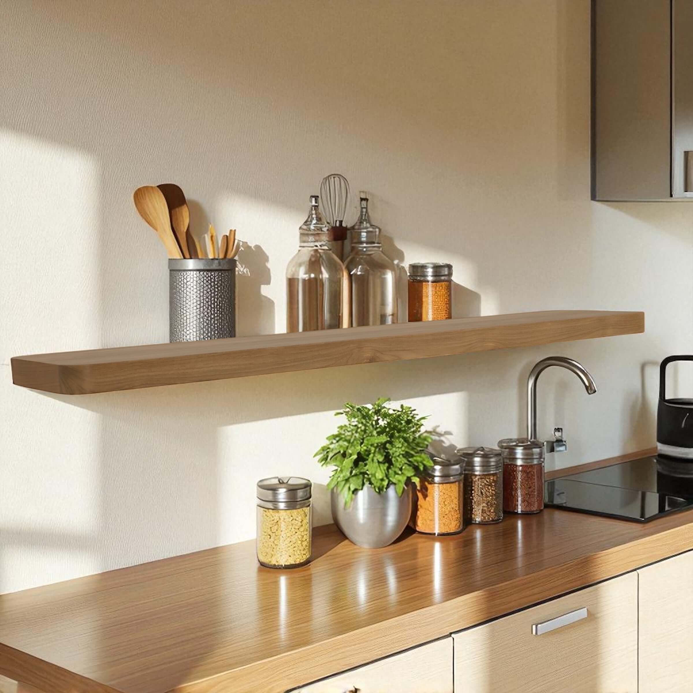 Reclaimed teak floating wall shelf in kitchen displaying jars and utensils, showcasing eco-friendly design.