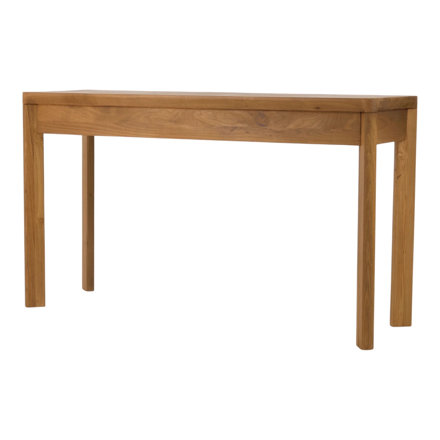 Teh back of the soldi teak wooden console table with a warm medium-brown finish and four straight legs, shown against a plain white background.