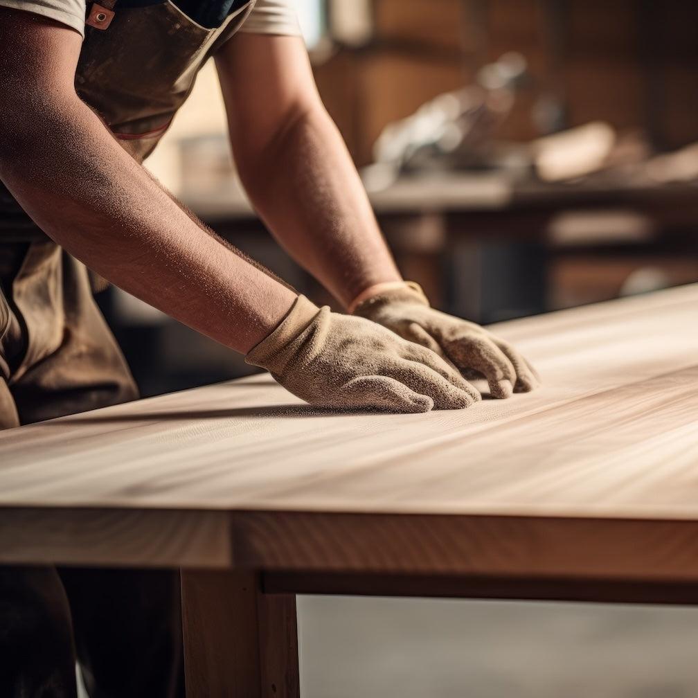 Craftsman wearing gloves working on a solid teak dining table in a workshop setting