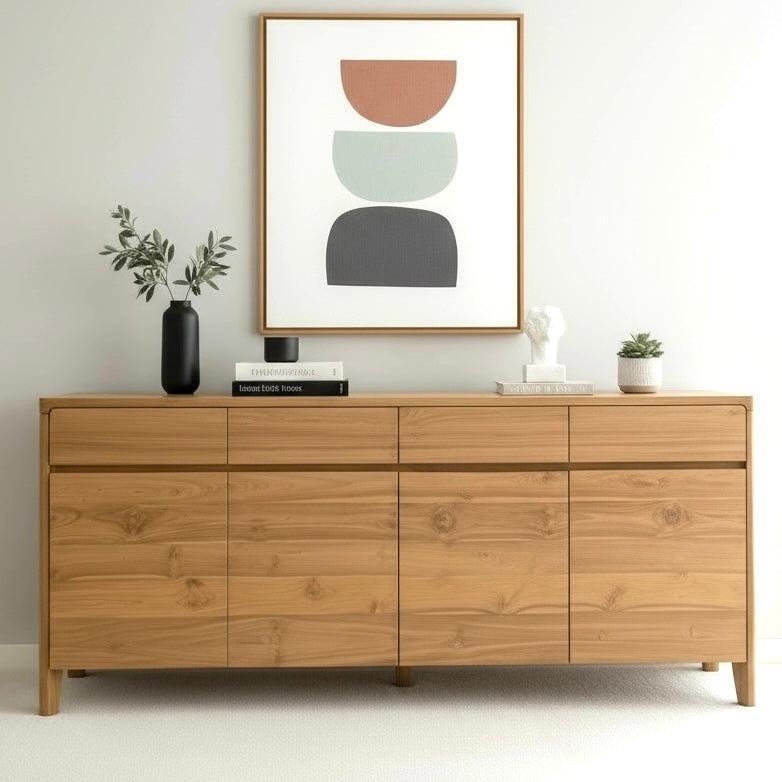 Glide Dining Room buffet with 4 drawers and 4 doors in a  dining room with white walls 