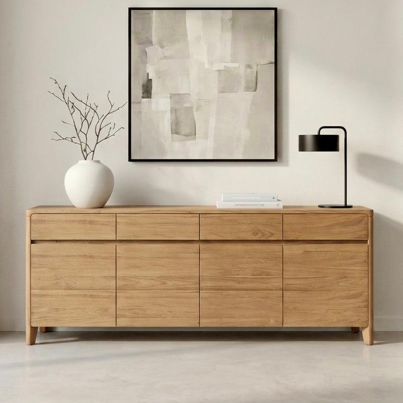 Teak buffets and sideboards by ReTeka featuring a modern design and natural wood finish in an elegant living room setting.