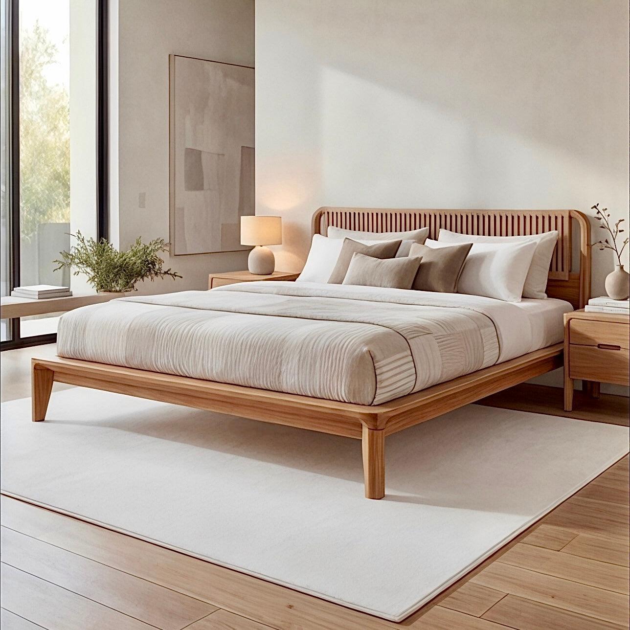 teak bed frame with integrated loom bedhead