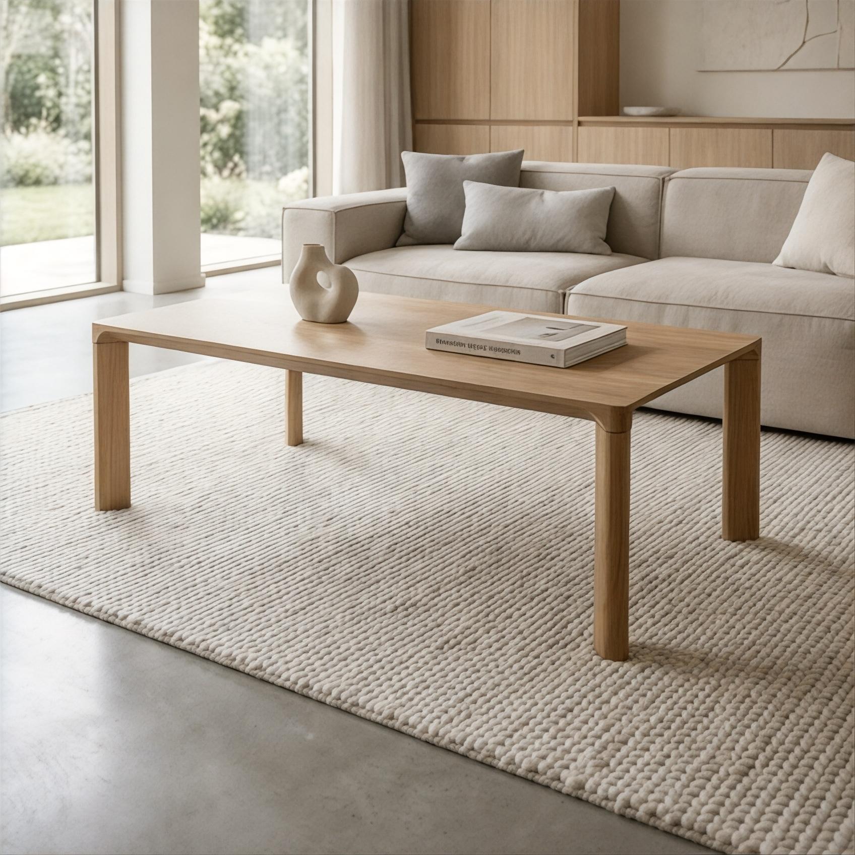 Modern living room with a wooden coffee table and beige sofa.