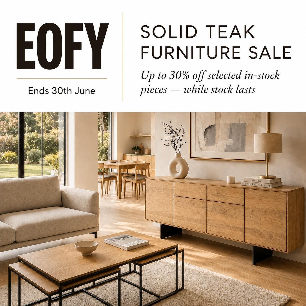 Modern living room with Kenzo solid teak sideboard, Mila solid teak coffee table and  EOFY sale text overlay