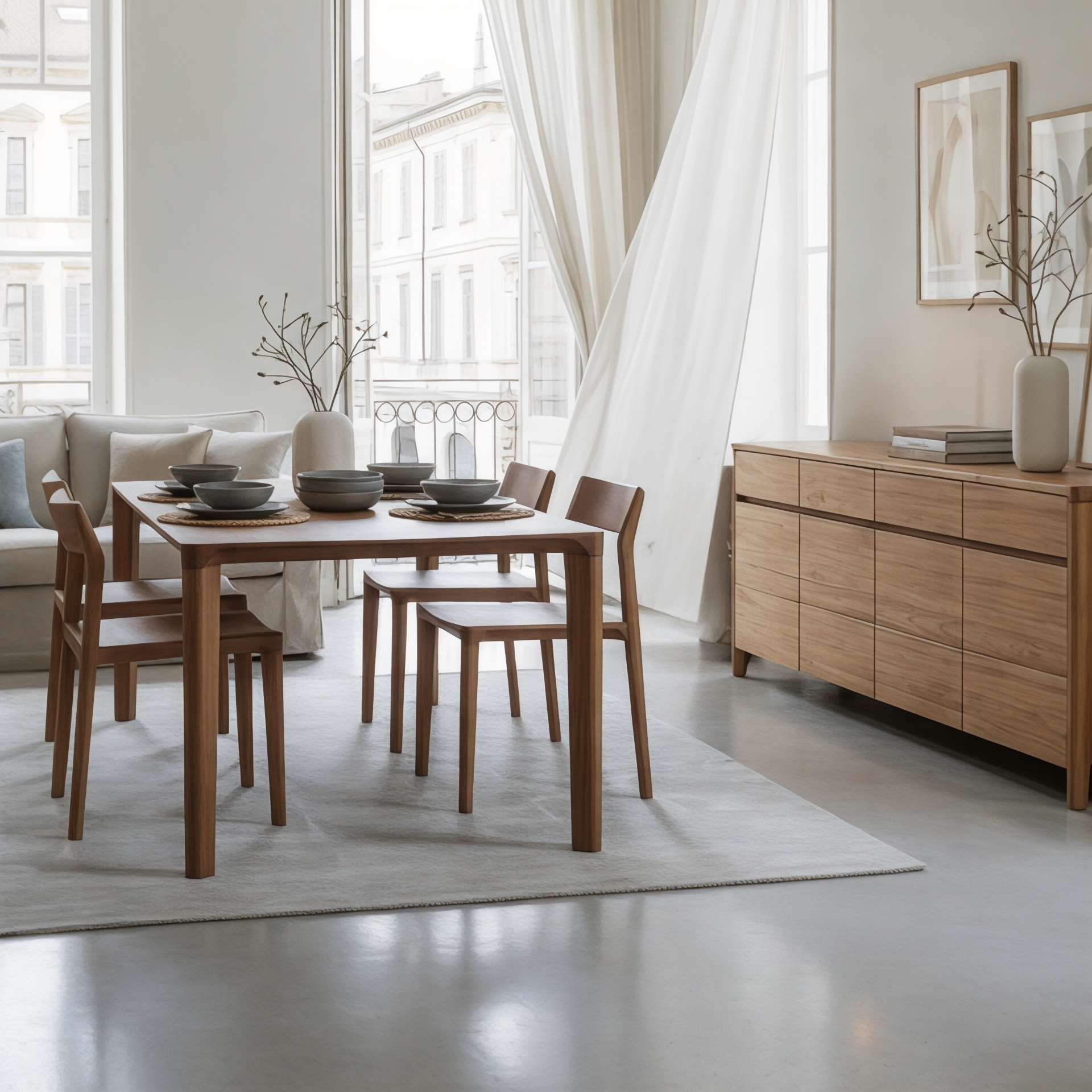 Dining room with Glide solid teak dining table and chairs, large windows, and a Glide buffet sideboard.