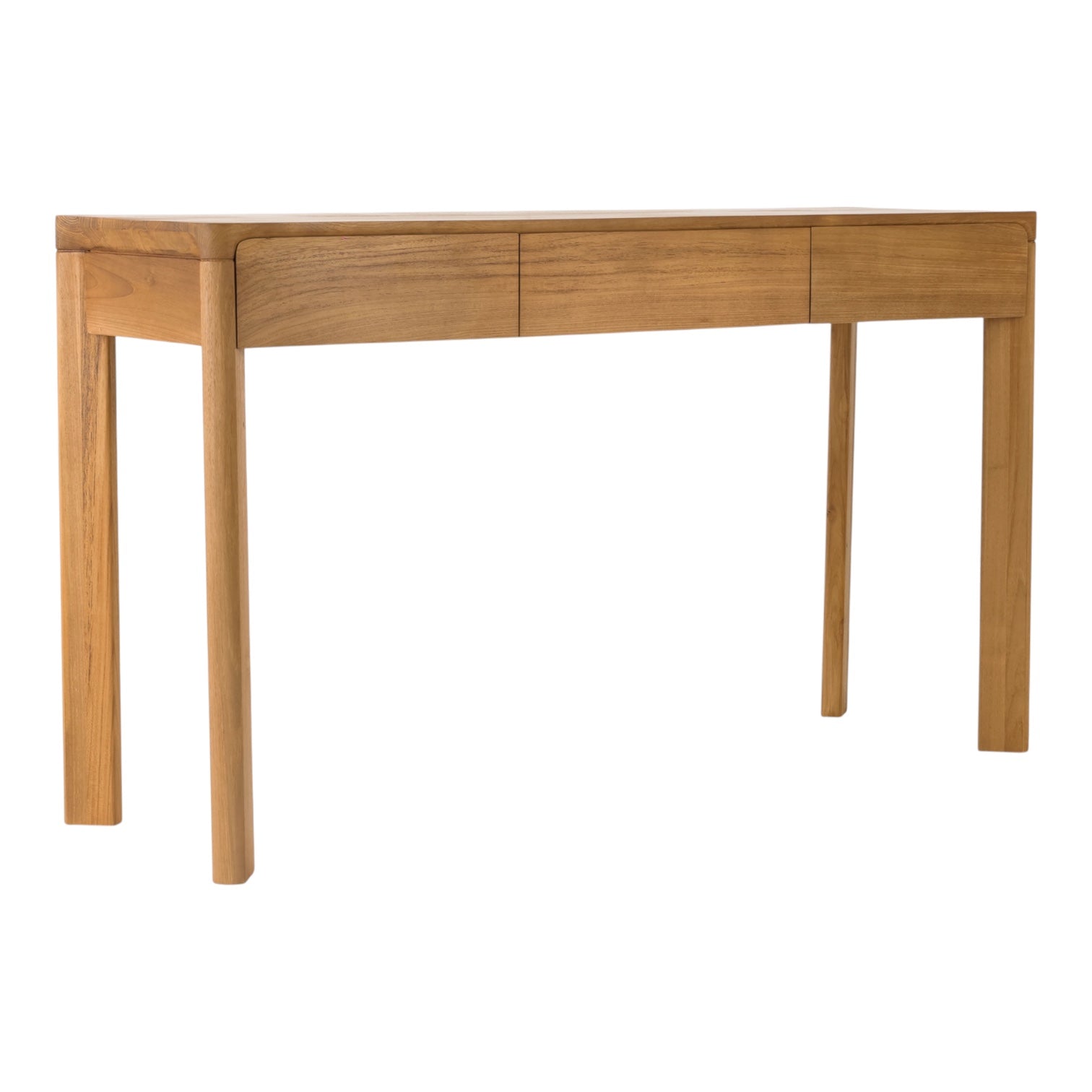 A teak wood console table with three drawers on the front and four tapered legs, shown against a plain white background.