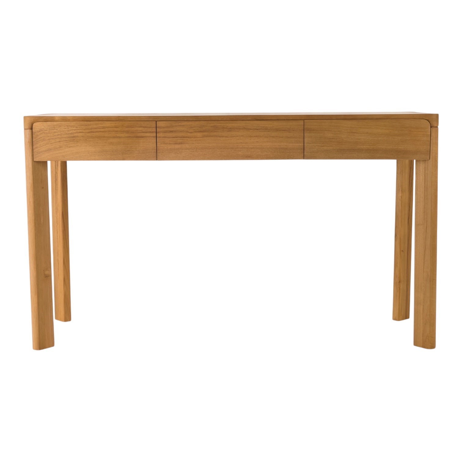 A solid teak console table with three drawers on the top and four legs, shown against a plain white background.